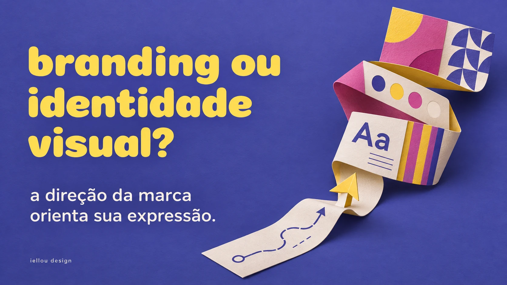 Branding ou identidade visual? A direção da marca orienta sua expressão Faixa de papel com um percurso que se desdobra em cores, letras e grafismos, representando a estratégia de branding ganhando expressão visual.