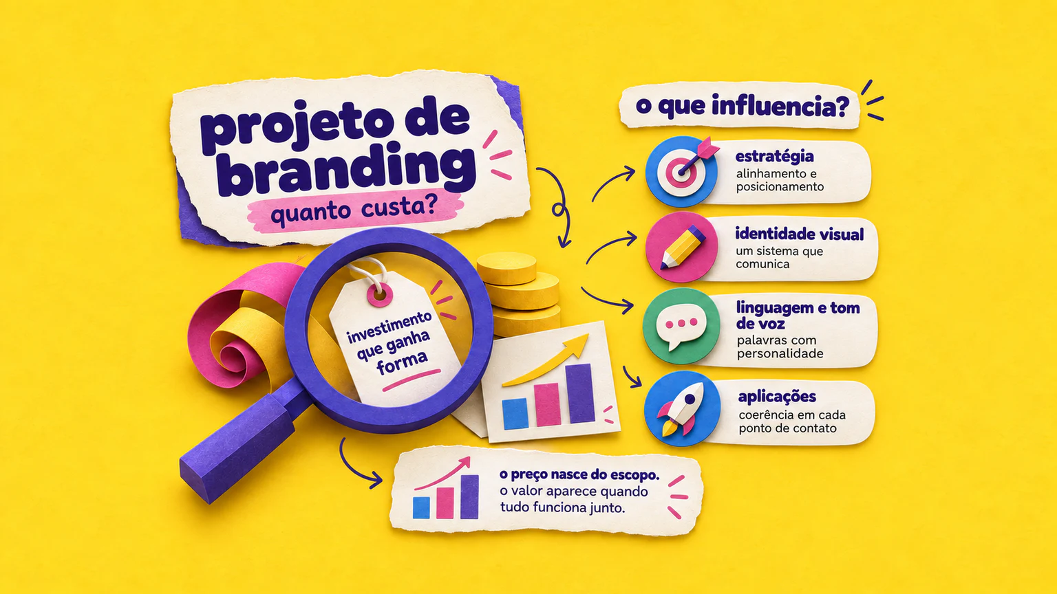 Quanto custa um projeto de branding completo no Brasil em 2026 Infográfico em papel recortado mostra quanto custa um projeto de branding e os fatores estratégia, identidade visual, tom de voz e aplicações.
