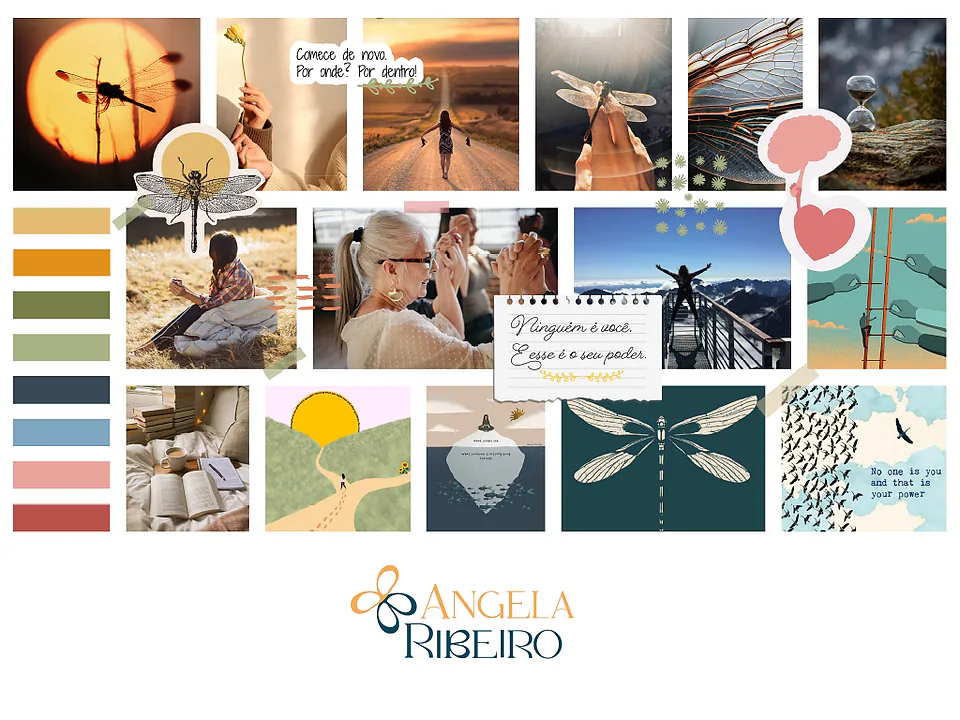 Painel de referências da marca com libélulas, natureza e a paleta em nove cores