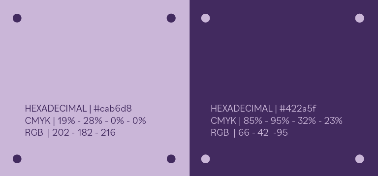 Paleta da marca com o lilás e o roxo profundo e seus códigos de cor