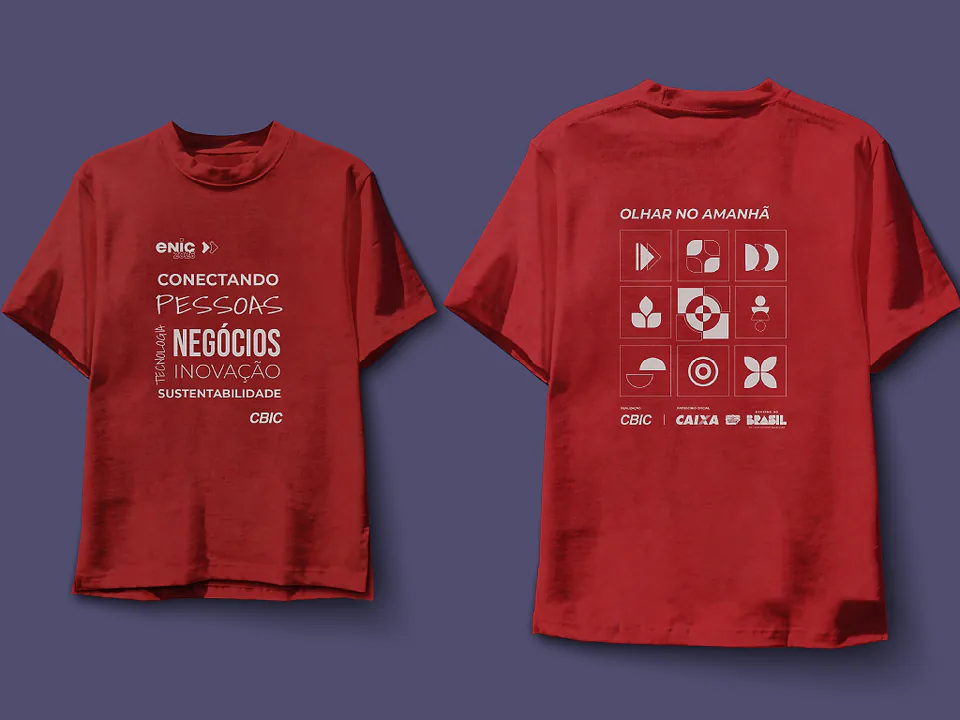 Duas camisetas vermelhas: a frente com "Conectando pessoas, negócios, inovação, sustentabilidade" e a marca ENIC; as costas com "Olhar no amanhã" e a grade de símbolos geométricos
