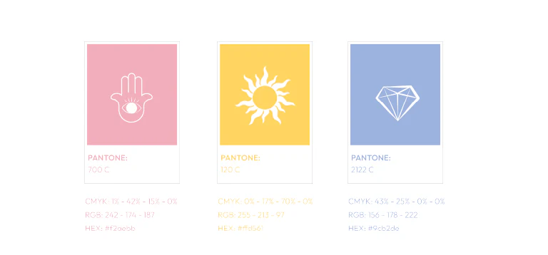 Paleta com os três Pantones da marca e seus ícones de mão, sol e diamante