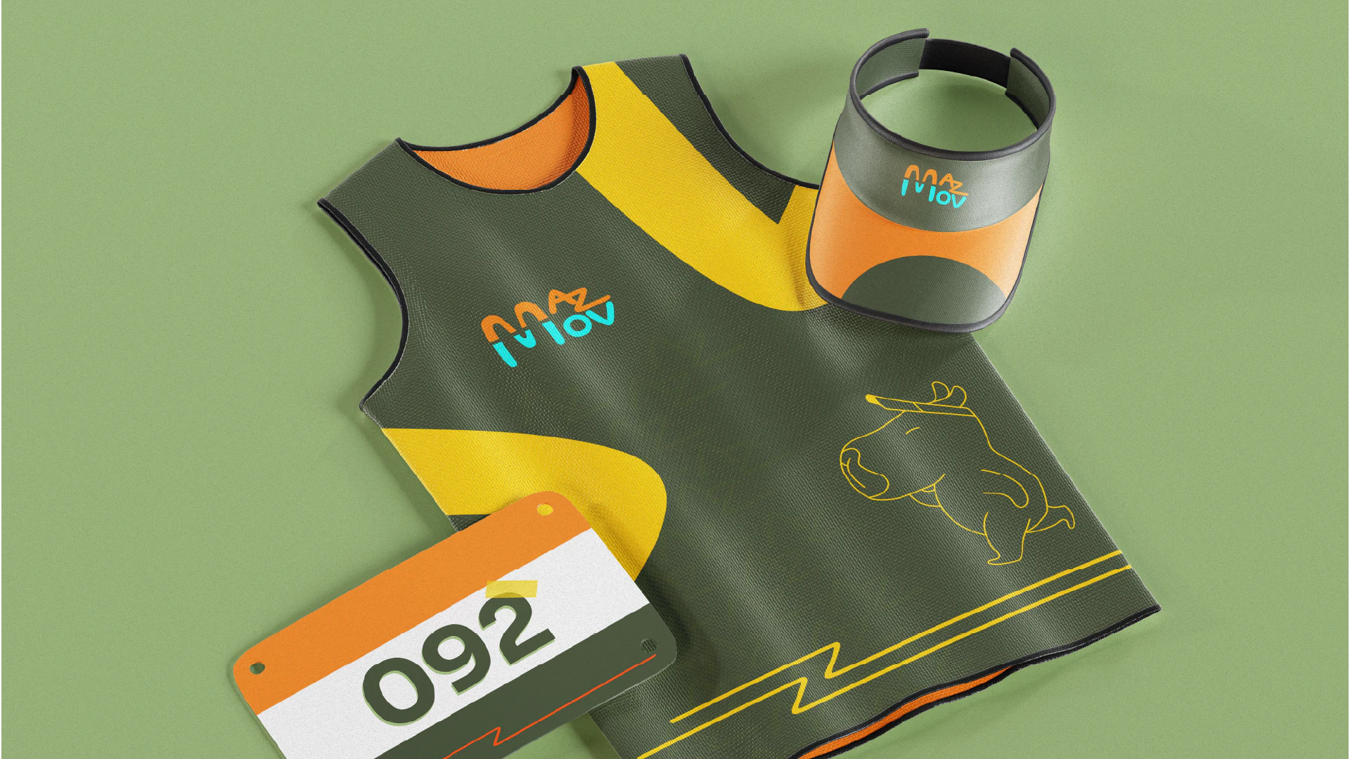 Regata de corrida com número de peito e viseira da marca