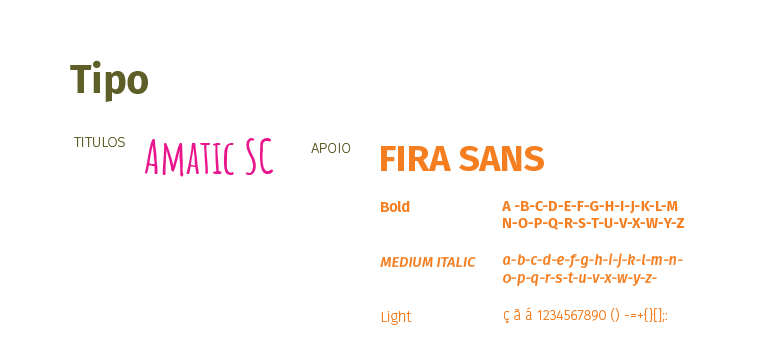 Espécime tipográfico com Amatic SC nos títulos e Fira Sans no apoio
