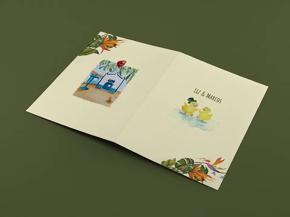 Convite aberto com ilustração da capela azul e dos patinhos na água
