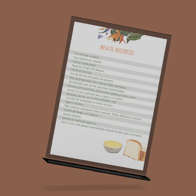 Cardápio em porta-menu de metal com ilustração de folhagem