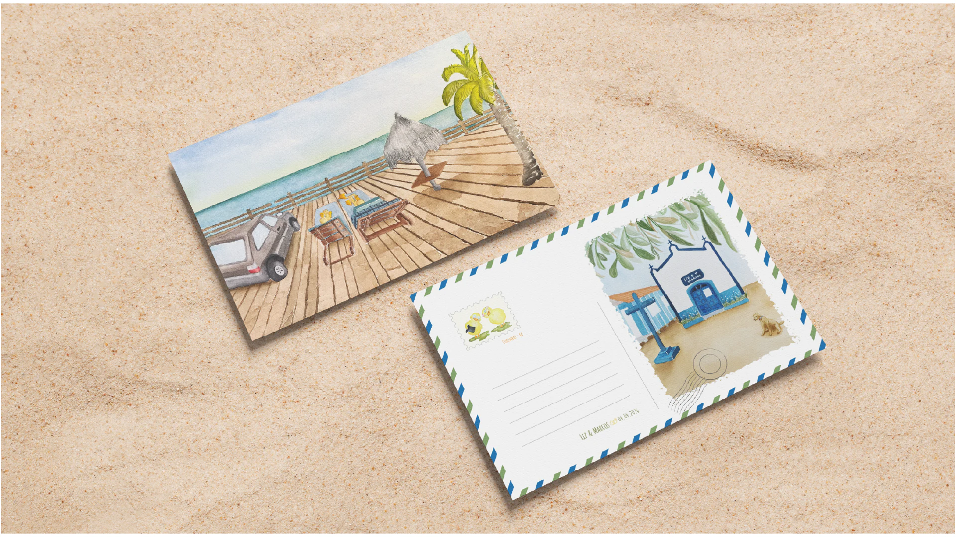 Postais ilustrados do casamento sobre a areia da praia